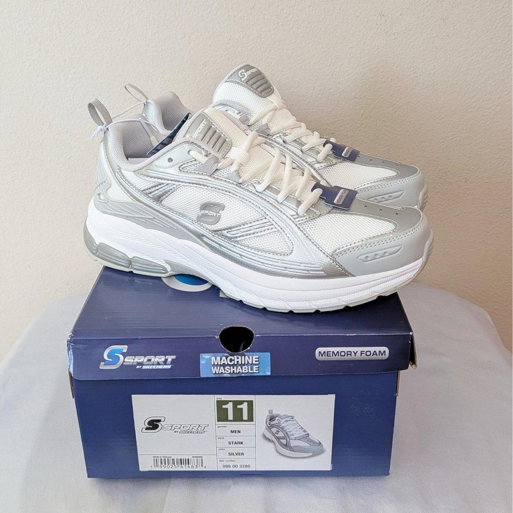 New Skechers S Sport Men's Stark Memory Foam Sneakers Shoes White Silver Size 11
